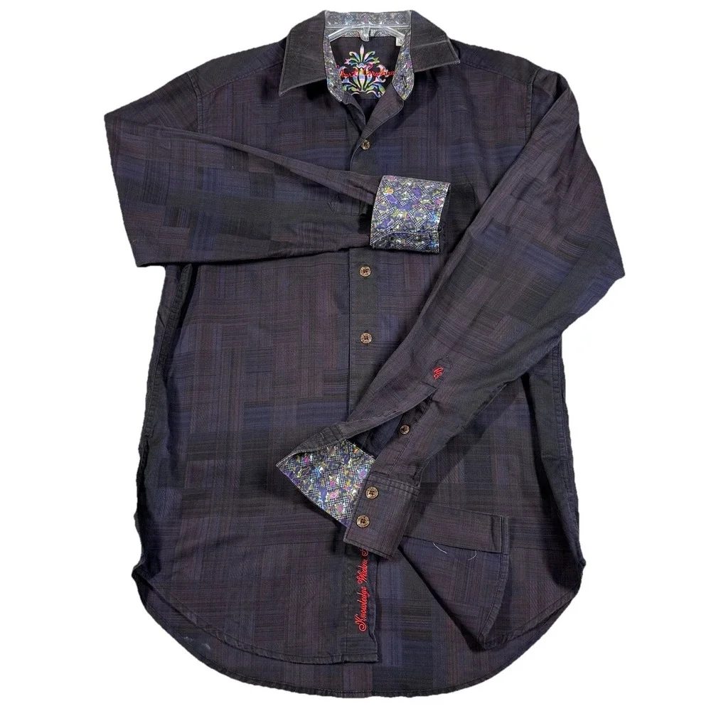 Robert Graham Shirt Mens XS Black Purple Plaid Classic Fit Embroidered Flip Cuff